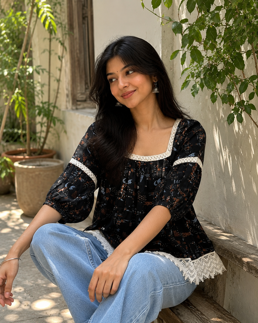 Printed peasant blouse / casual top