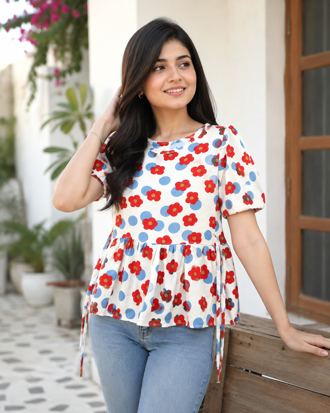 Women's Floral Printed Peplum Top with Puff Half Sleeves