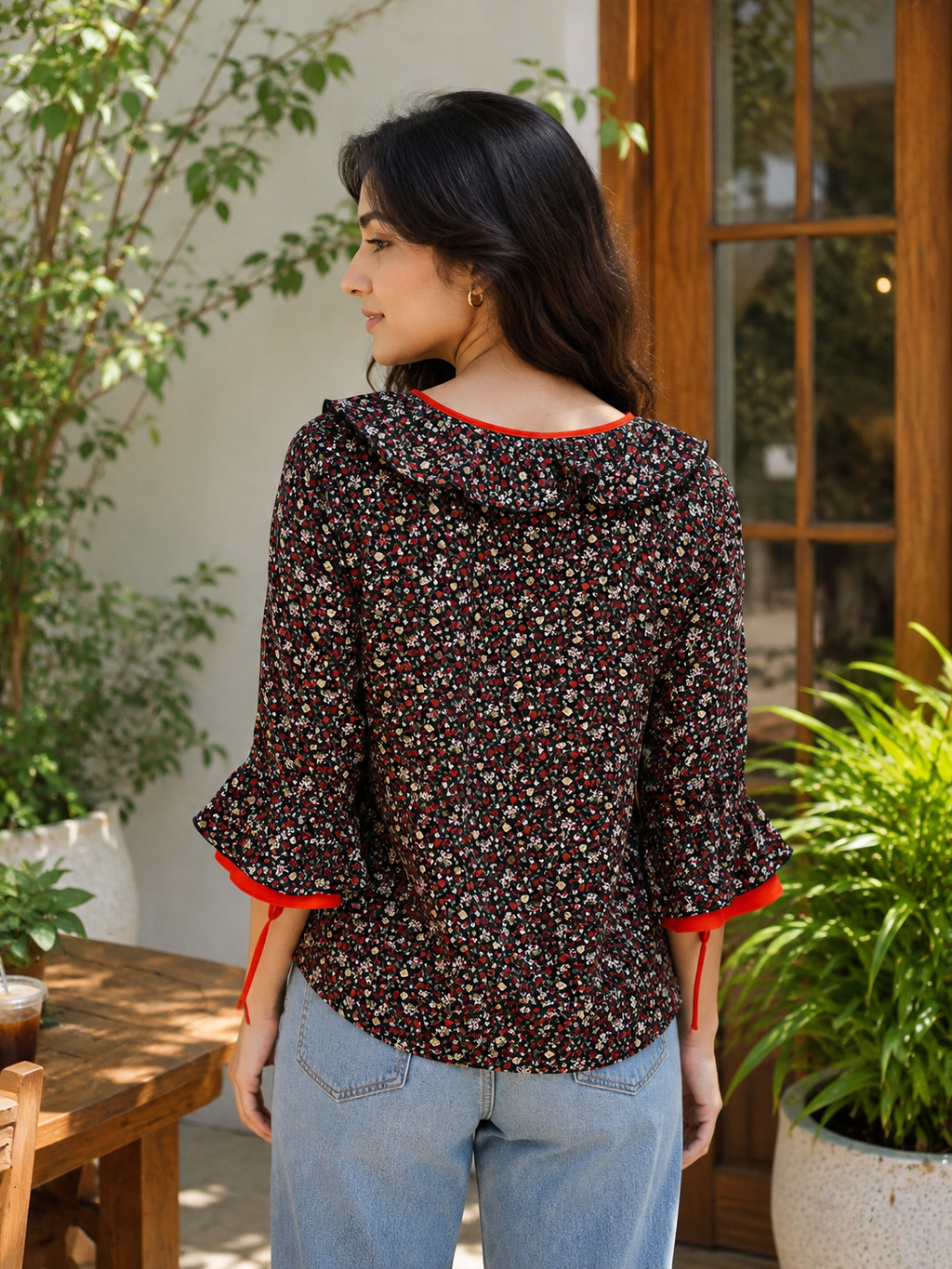 Women's Floral Print Ruffle Tie-Neck Top