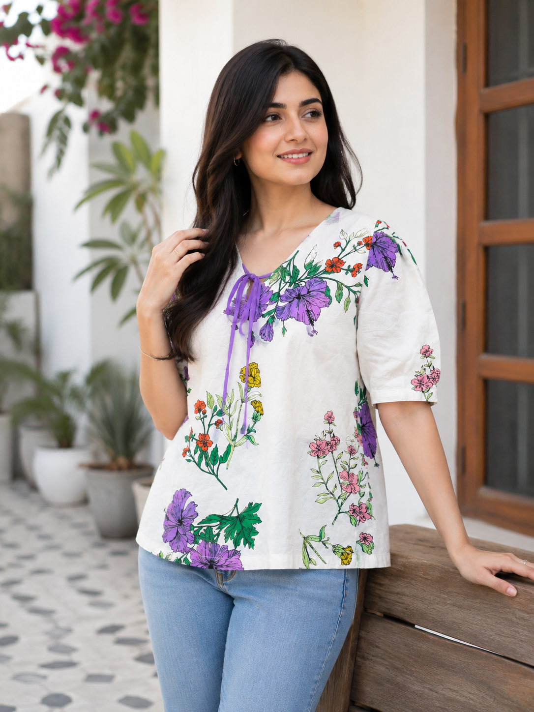 Women's Floral Printed Tie-Up Neck Top with Half Puff Sleeves