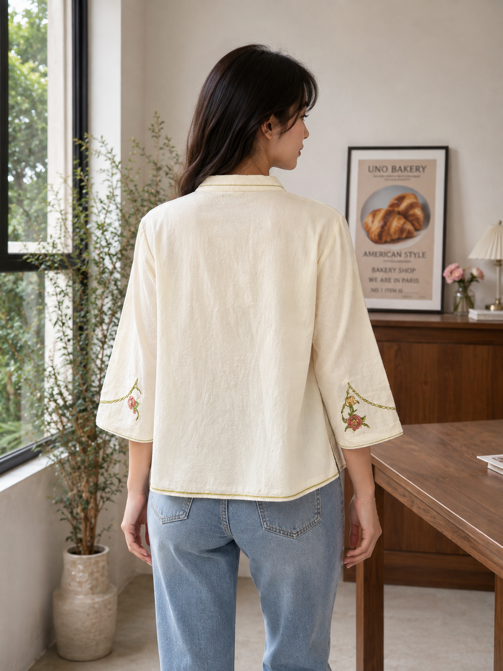Embroidered Mandarin Collar Top