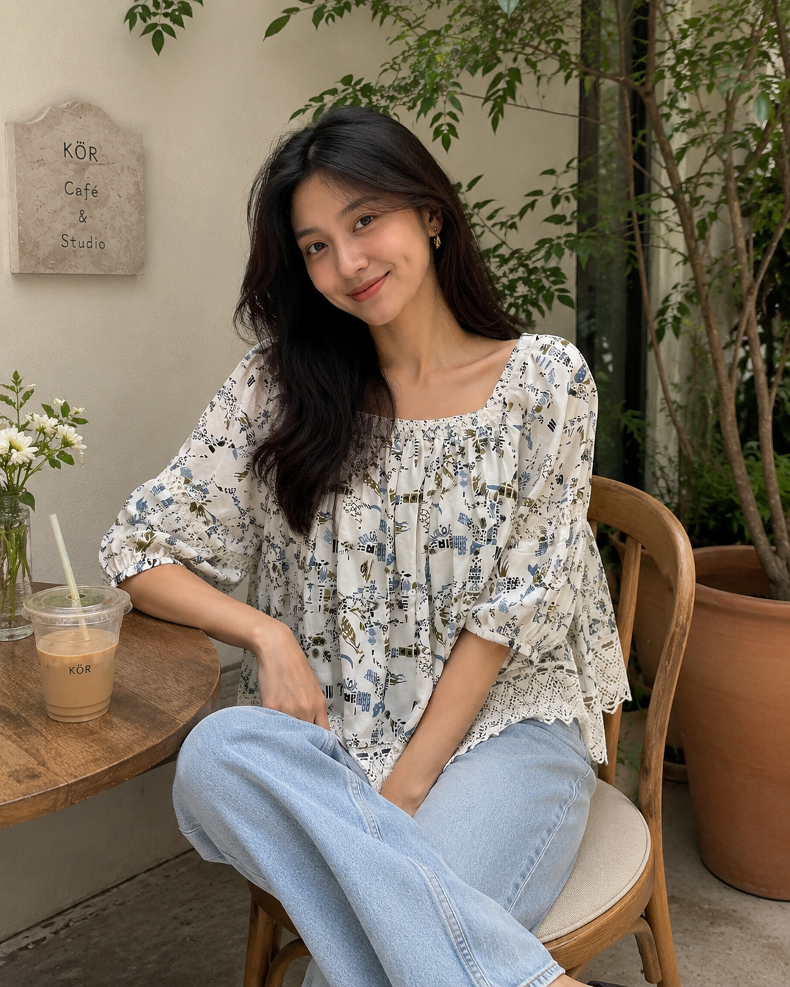 Printed peasant blouse / casual top