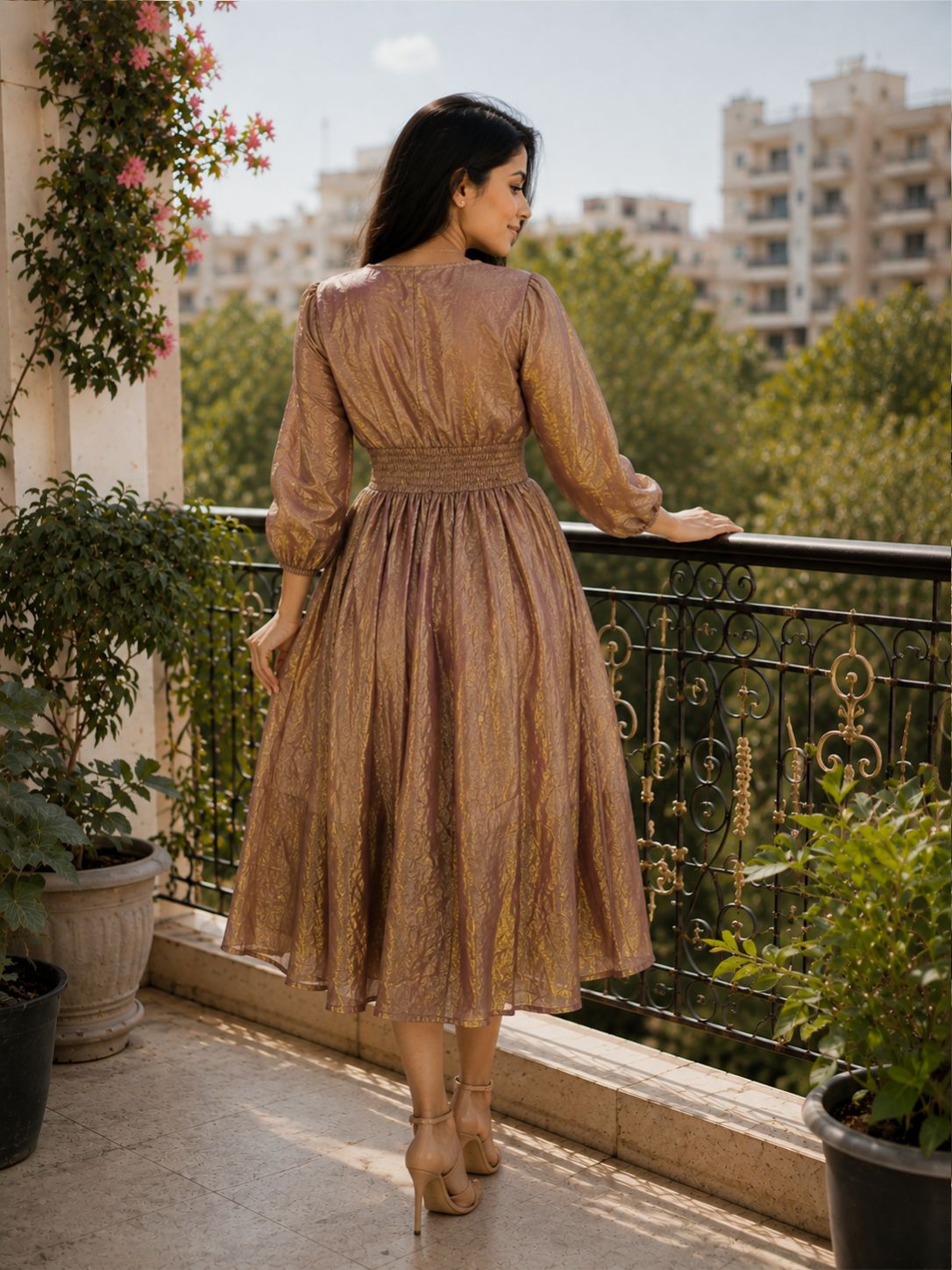 Mauve Gold-Tone Metallic A-Line Midi Dress