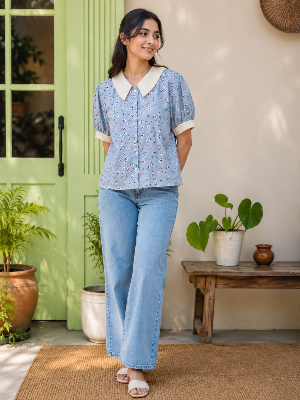 Tittle Flower print white collar shirt