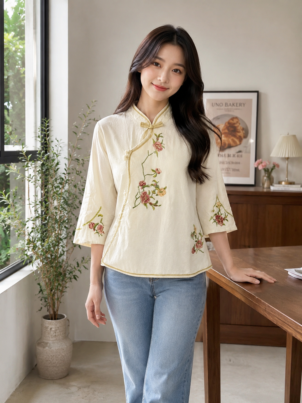 Embroidered Mandarin Collar Top