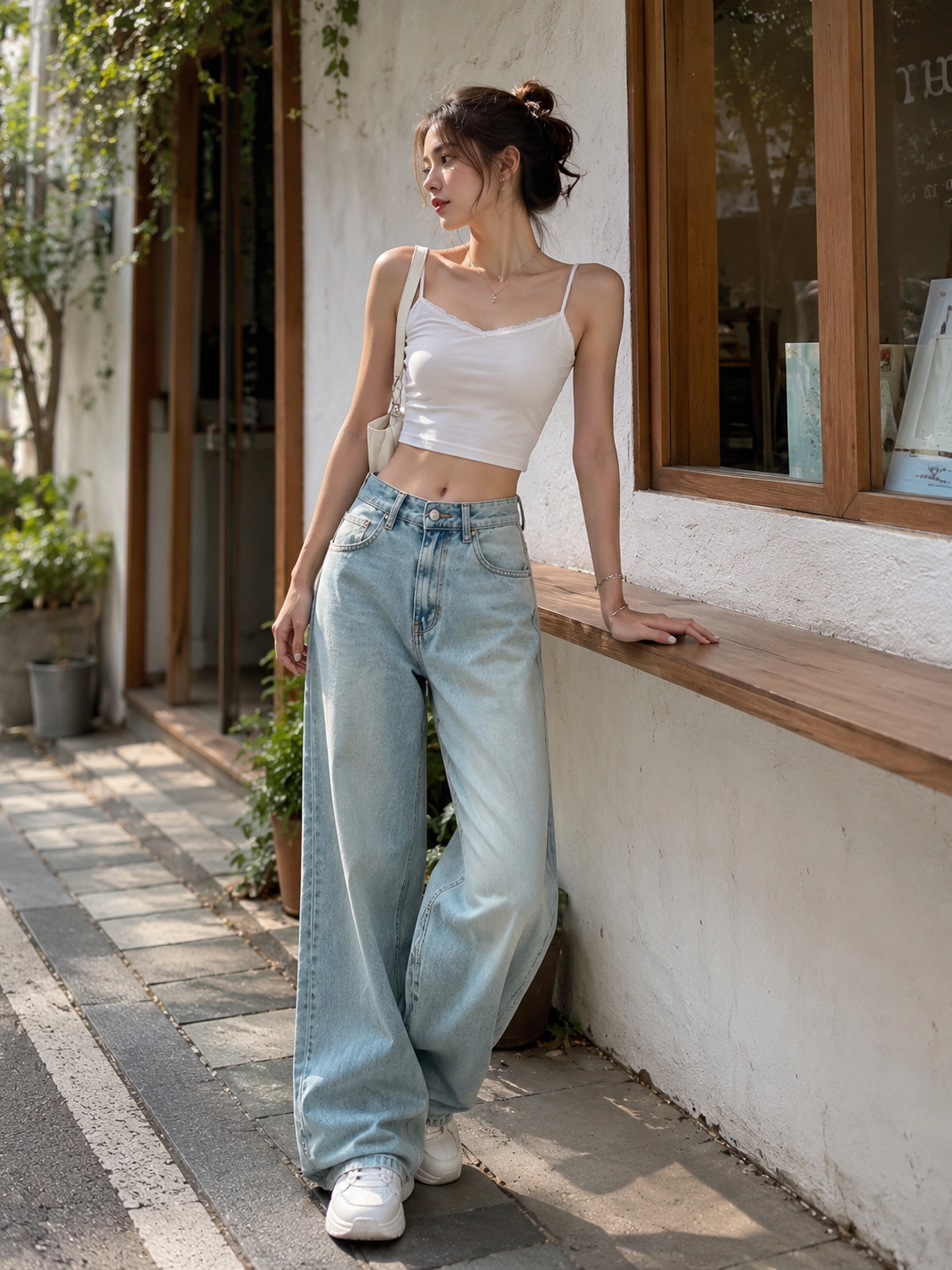 Women's Cross Waist Wide Leg Denim Jeans