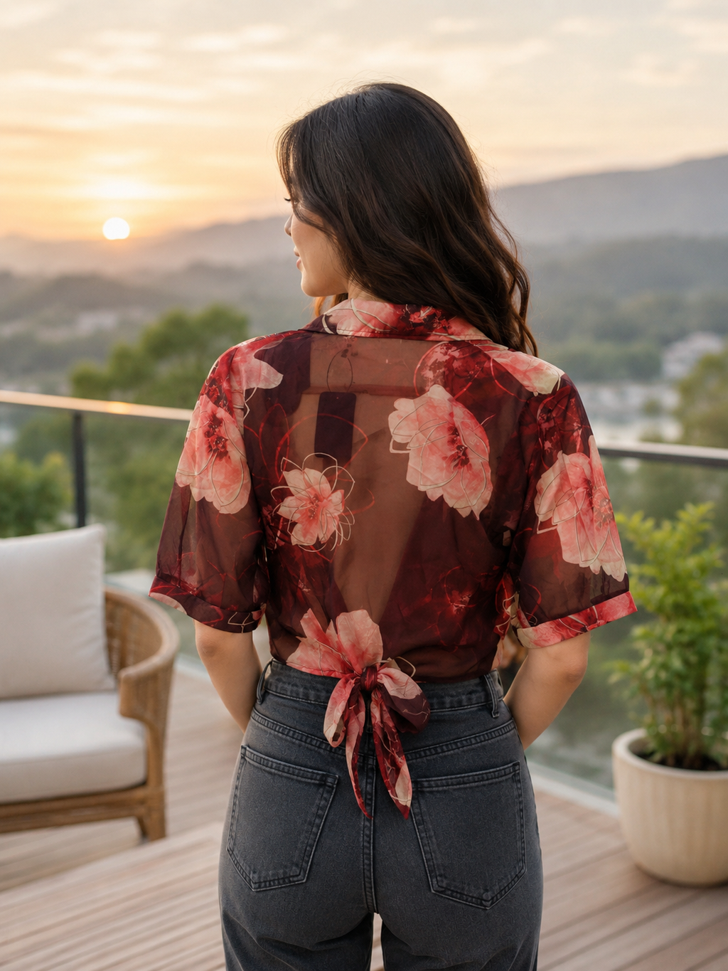 Floral Printed Sheer Tie-Up Shirt