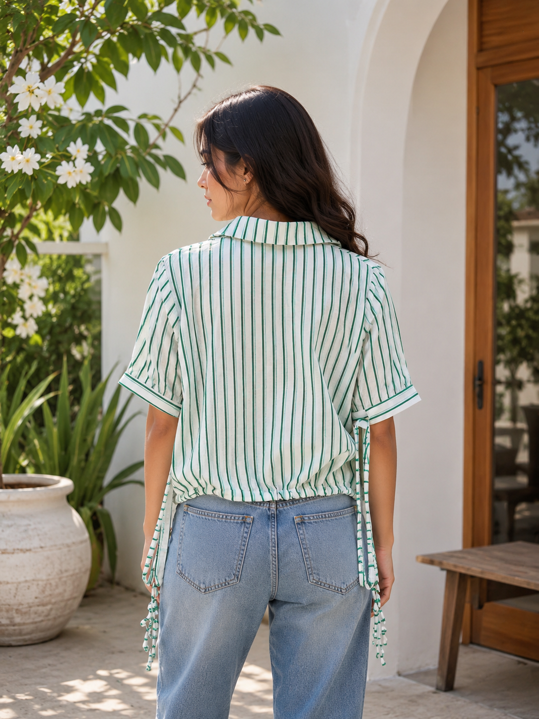 Women’s Striped Cropped Shirt with Tie-Sleeve Detailing