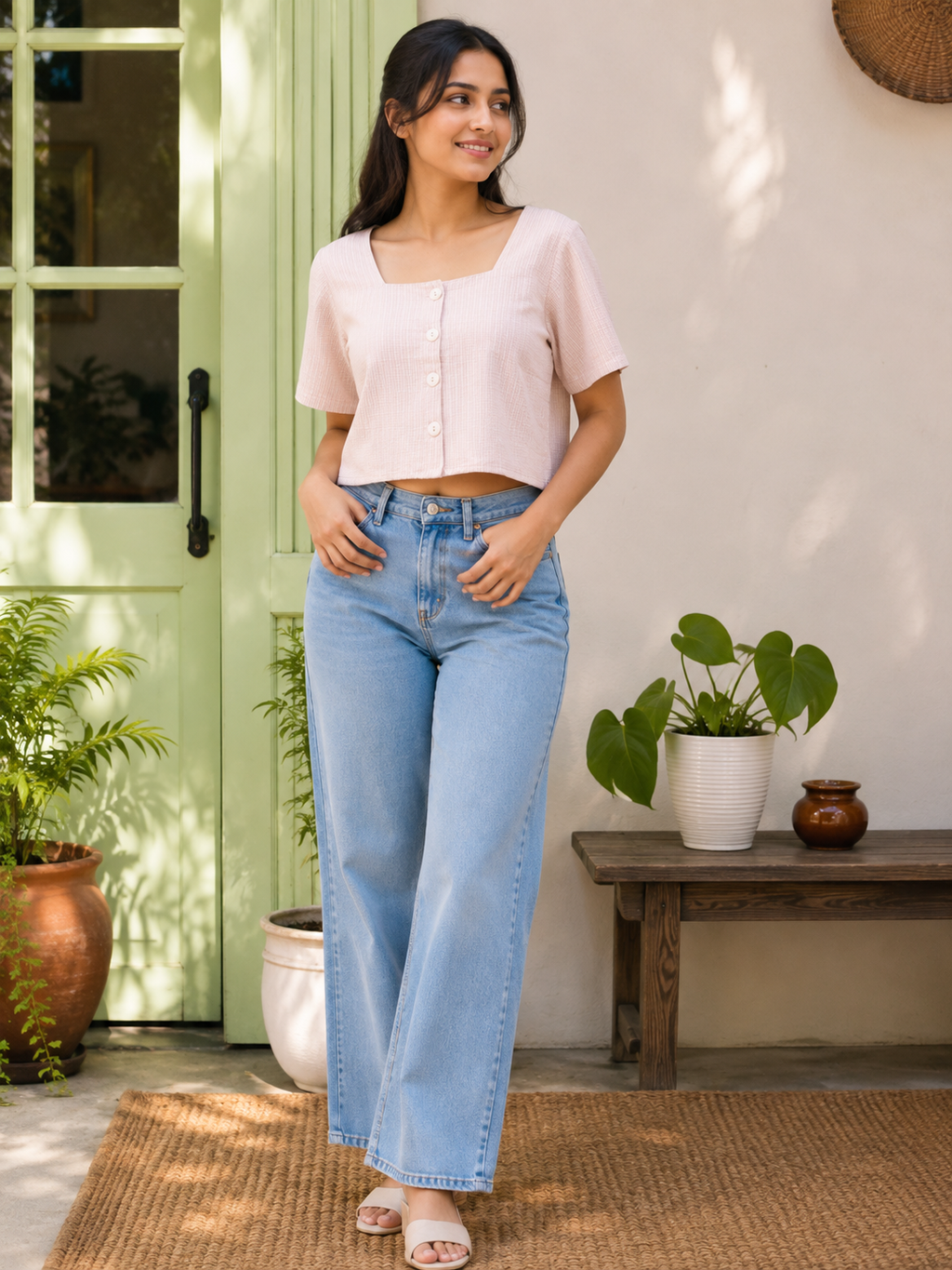 Women’s Square-Neck Button-Front Crop Top