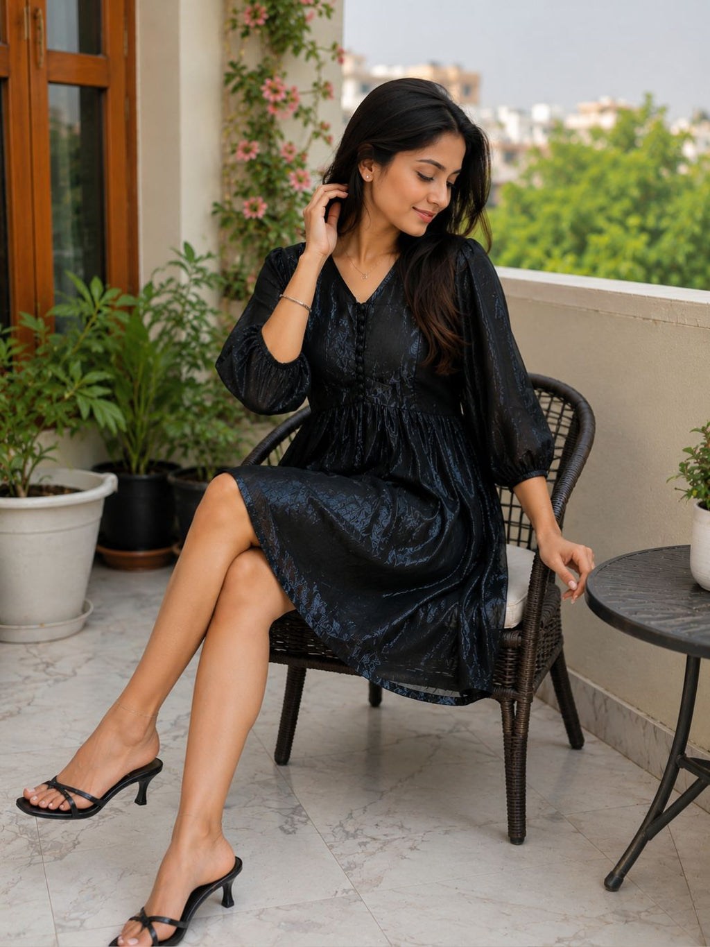Black Shiny Babydoll Mini Dress