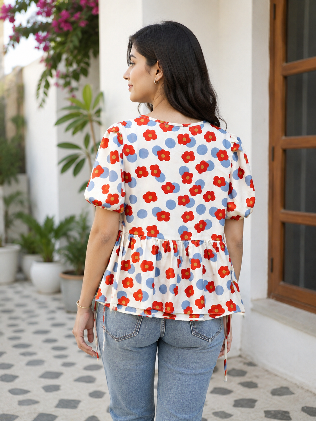 Women's Floral Printed Peplum Top with Puff Half Sleeves