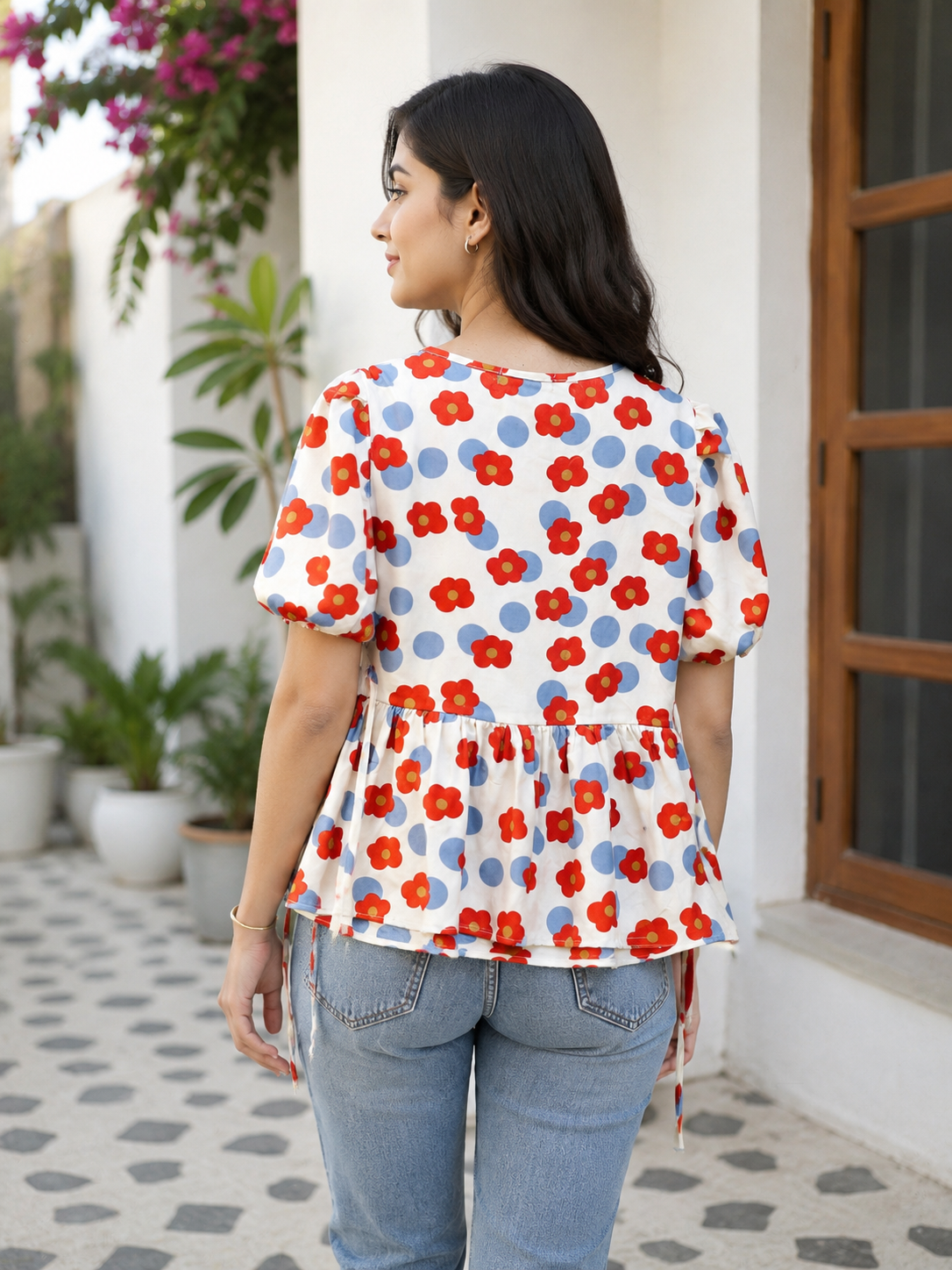 Women's Floral Printed Peplum Top with Puff Half Sleeves