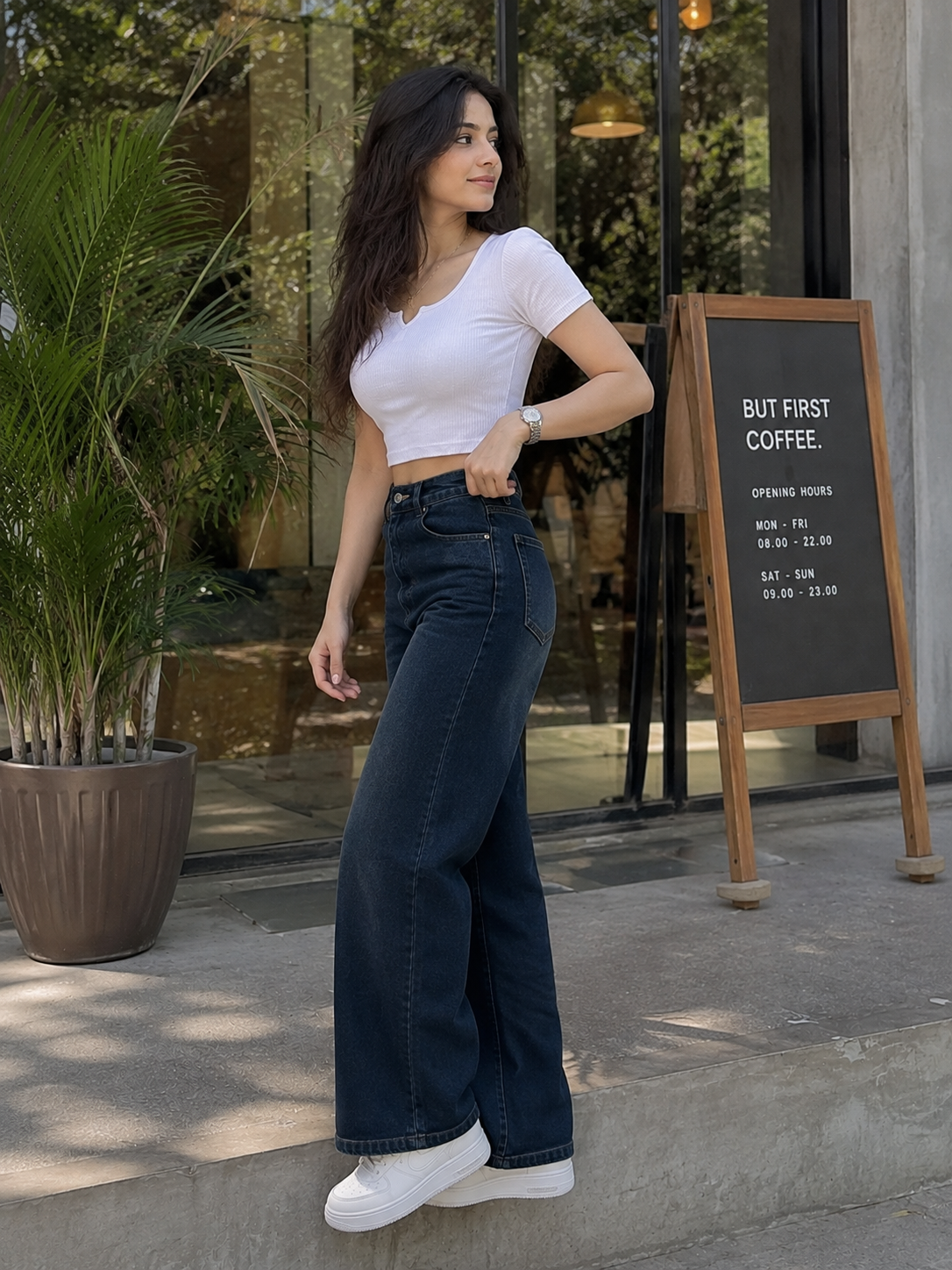 Women's High-Rise Wide Leg Denim Jeans – Dark Blue Wash