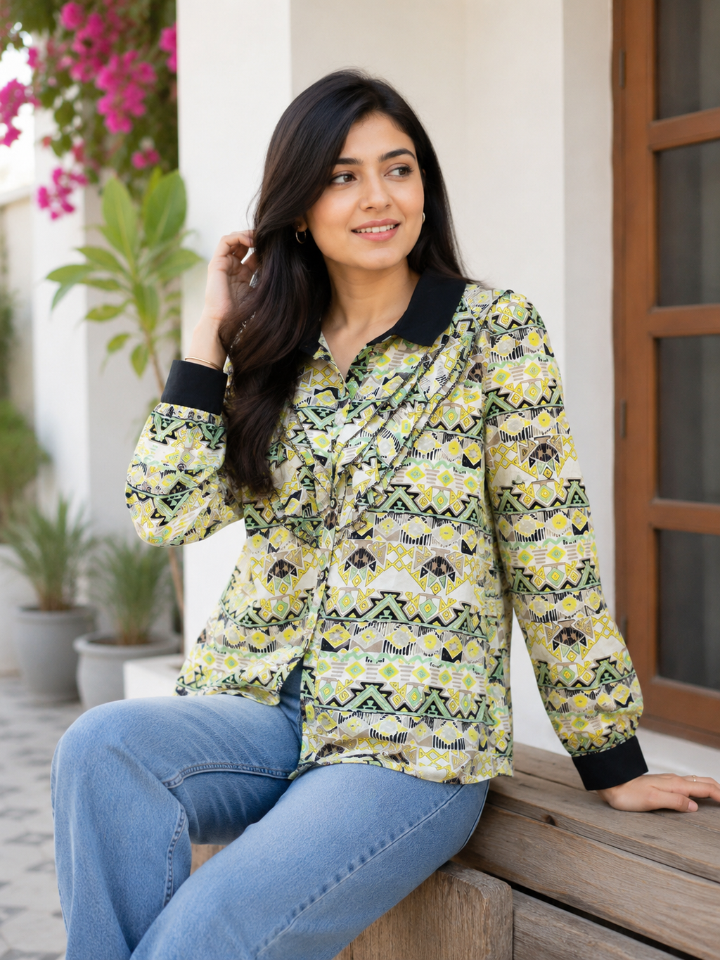 Women's Geometric Printed Ruffle Shirt with Contrast Collar