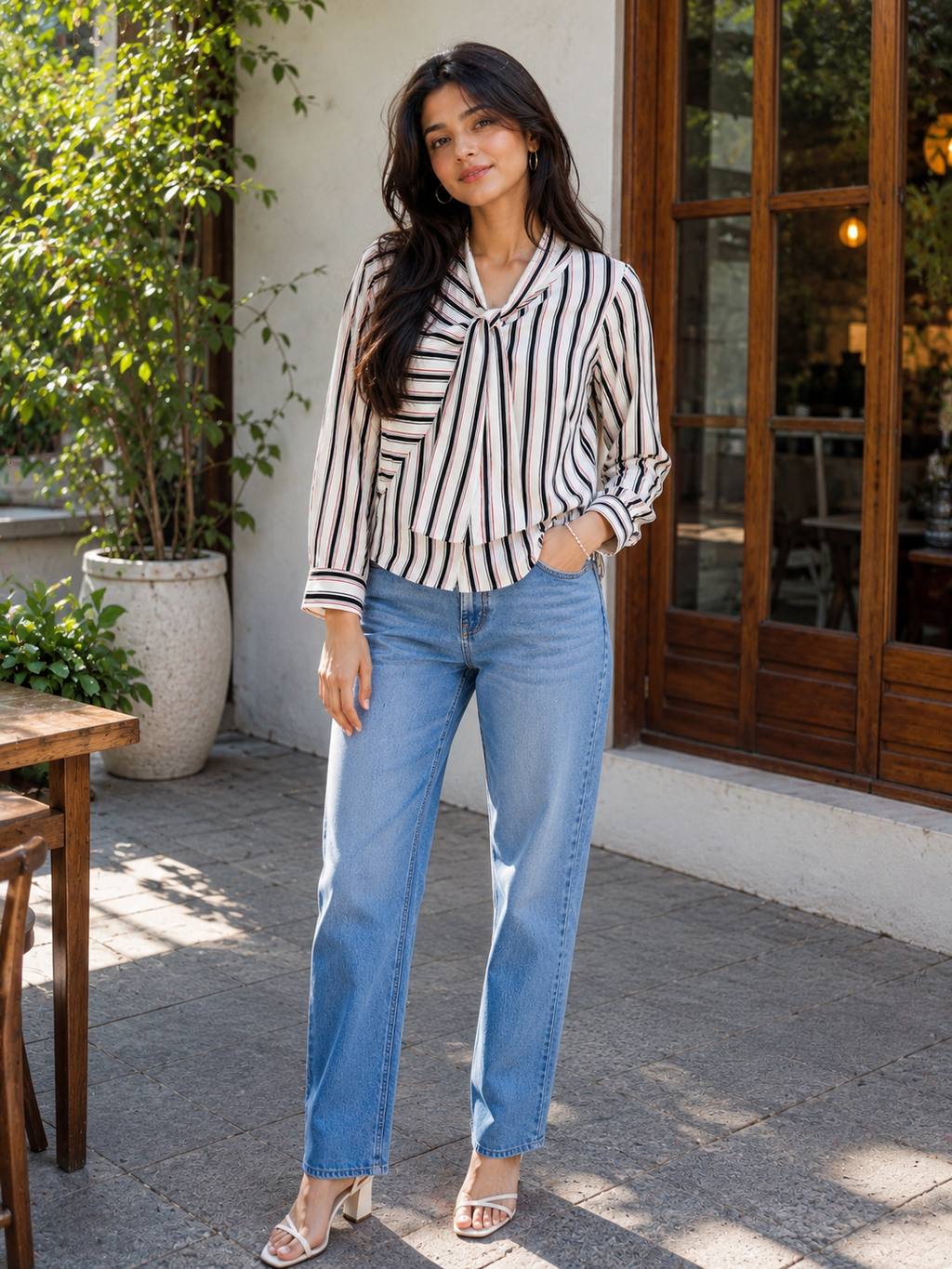 Women's Striped Tie-Neck Shirt
