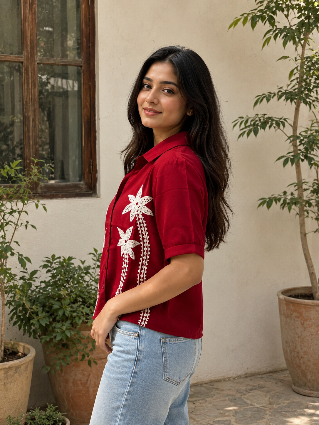 Embroidered shirt-style top
