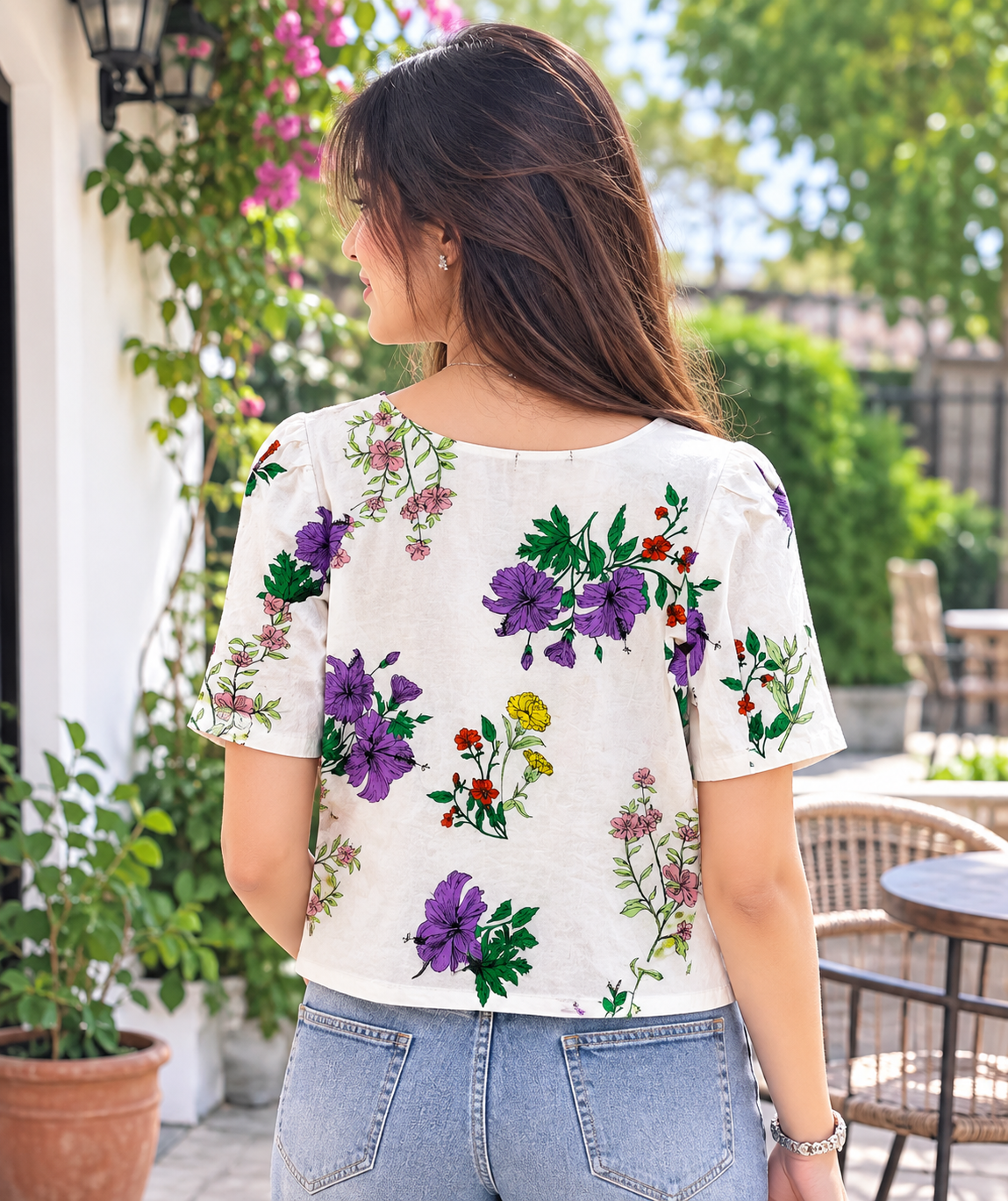 Women's Floral Printed Tie-Up Neck Top with Half Puff Sleeves