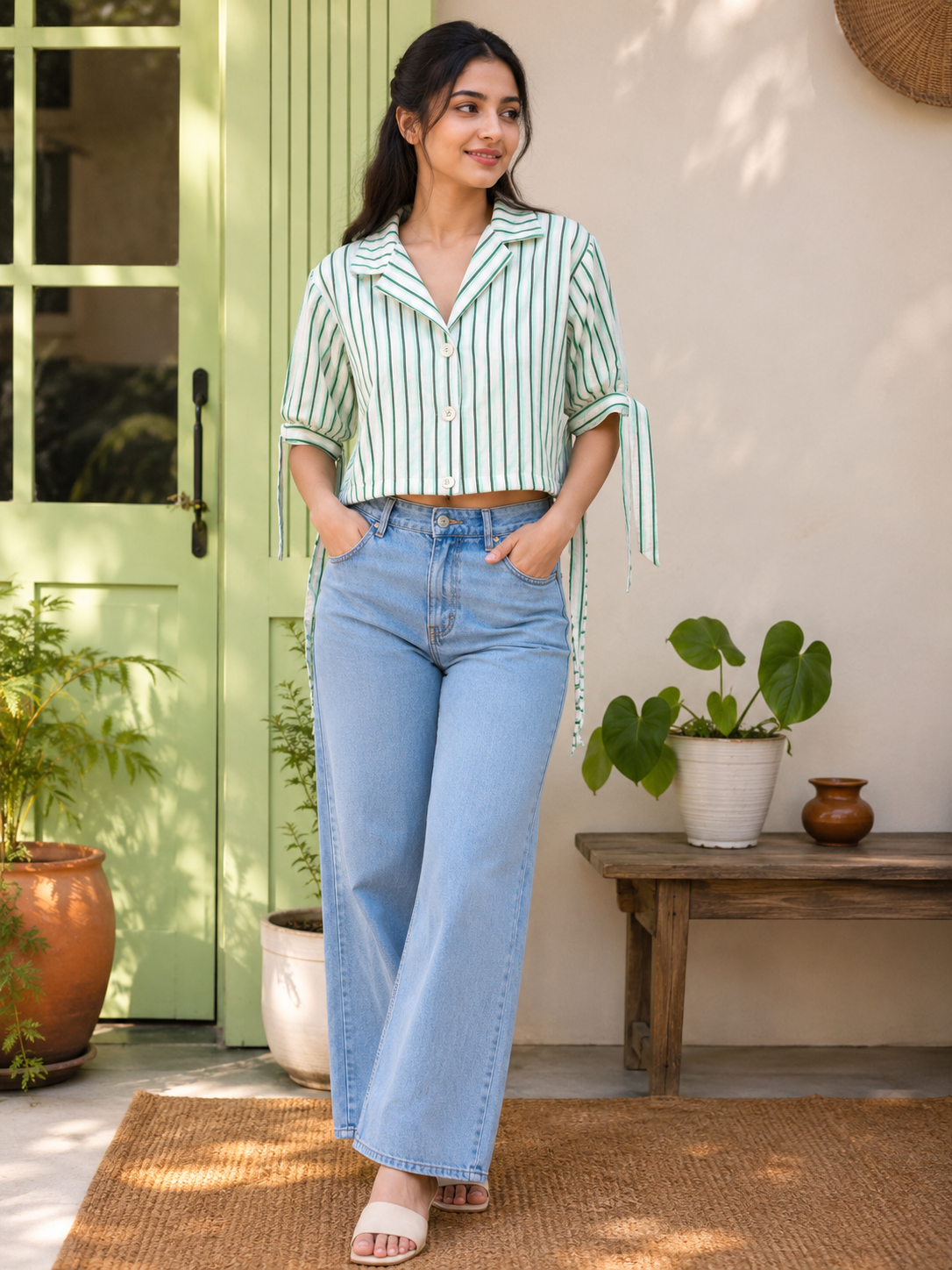 Women’s Striped Cropped Shirt with Tie-Sleeve Detailing