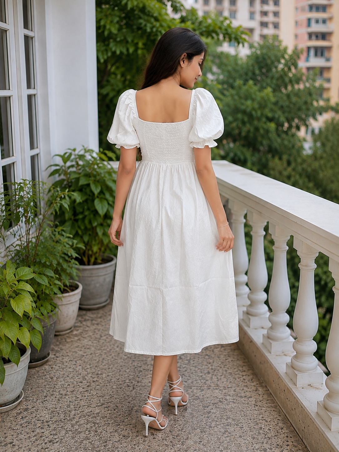 White Puff-Sleeve Smocked Midi Dress