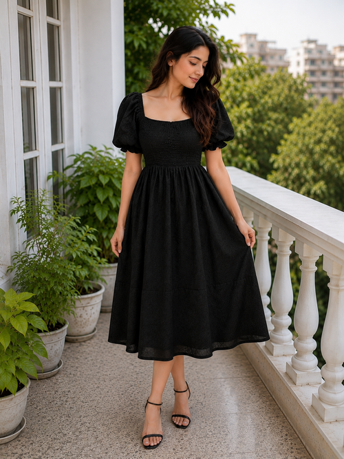 Black Puff-Sleeve Smocked Midi Dress