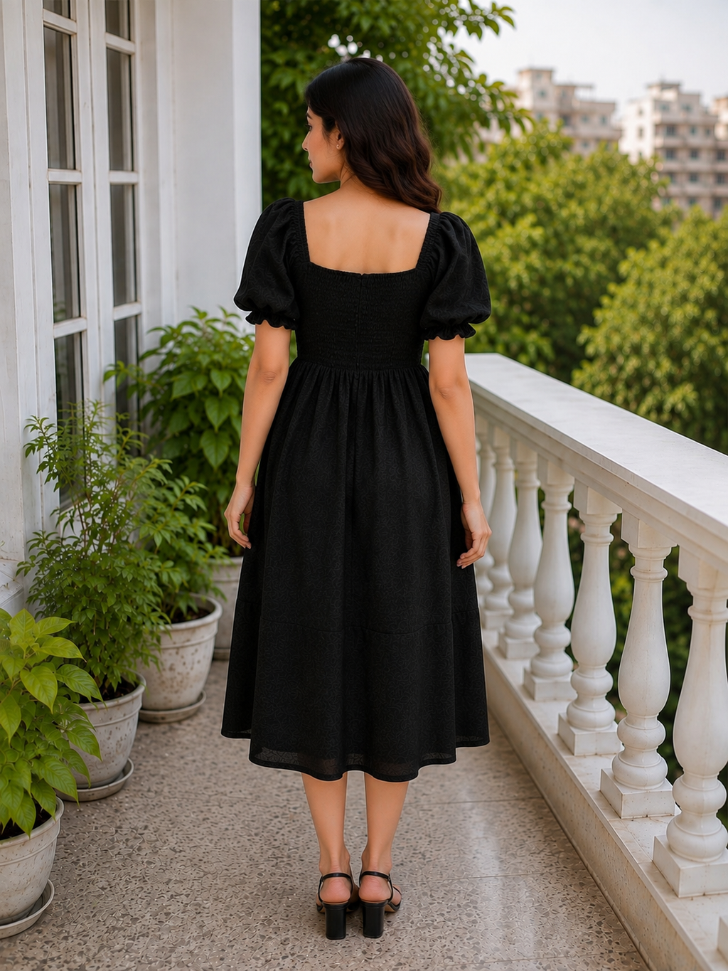 Black Puff-Sleeve Smocked Midi Dress