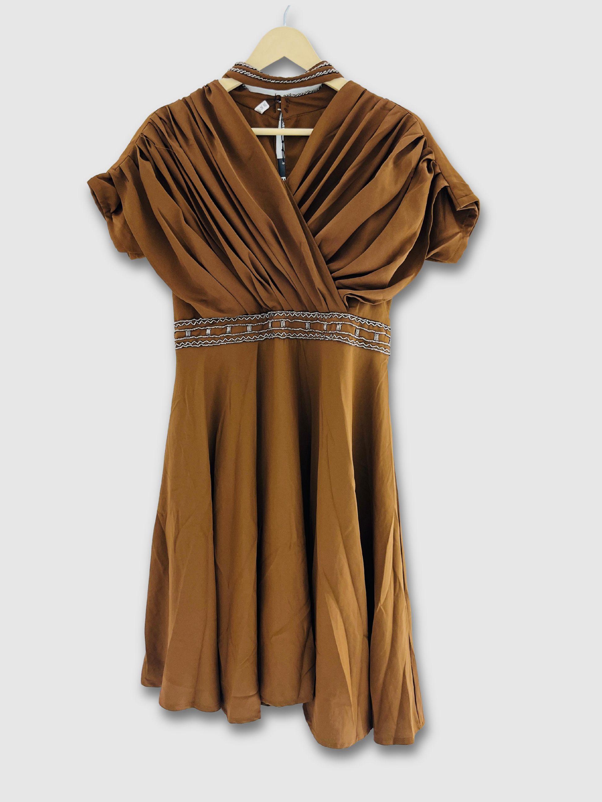 Women V Neck High Waisted Solid Color  Dress
