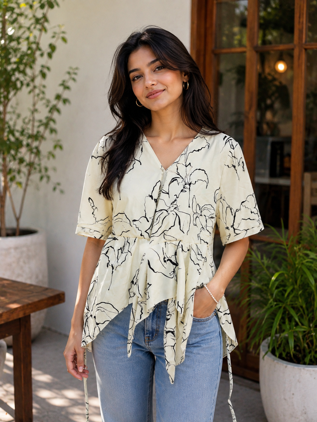 Women's Abstract Print Asymmetrical Peplum Top