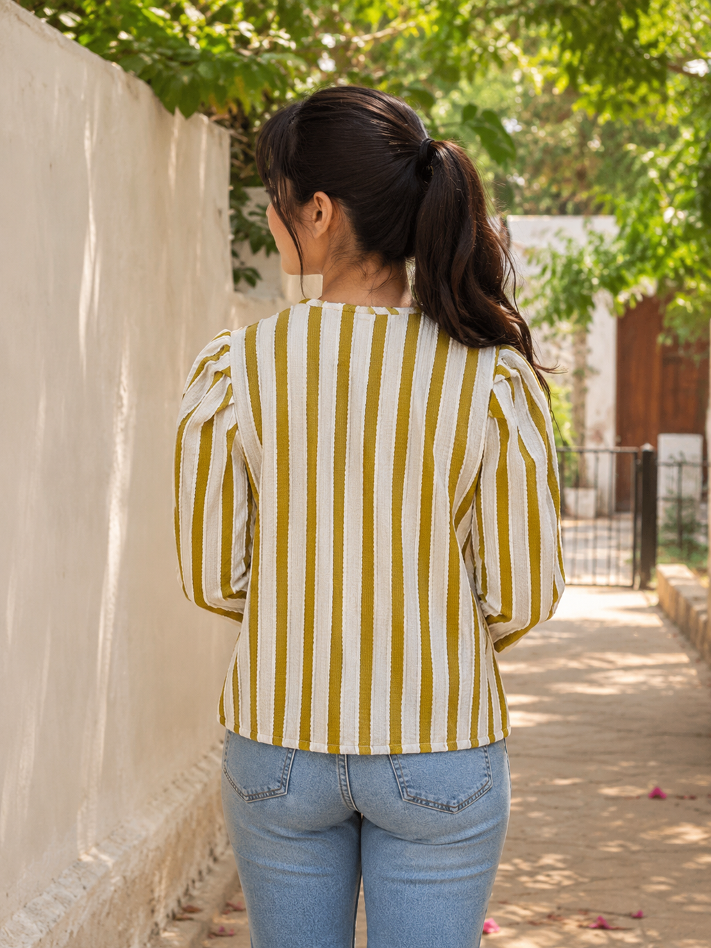 Women’s Full-Sleeve Striped Button-Front Top
