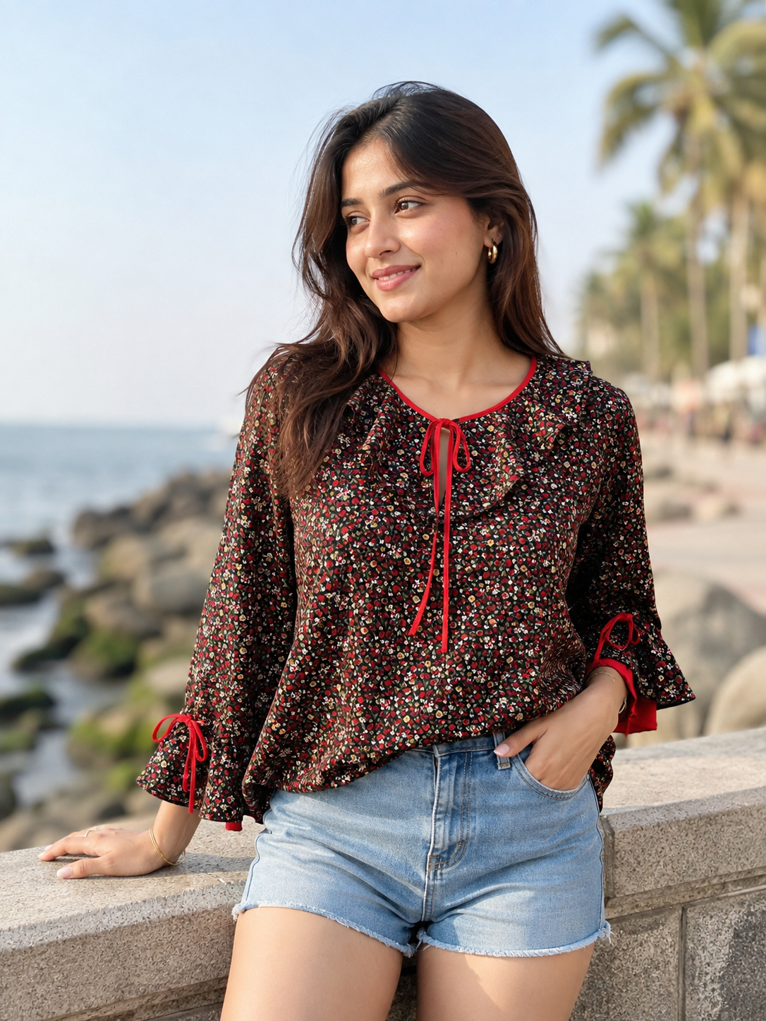 Women's Floral Print Ruffle Tie-Neck Top