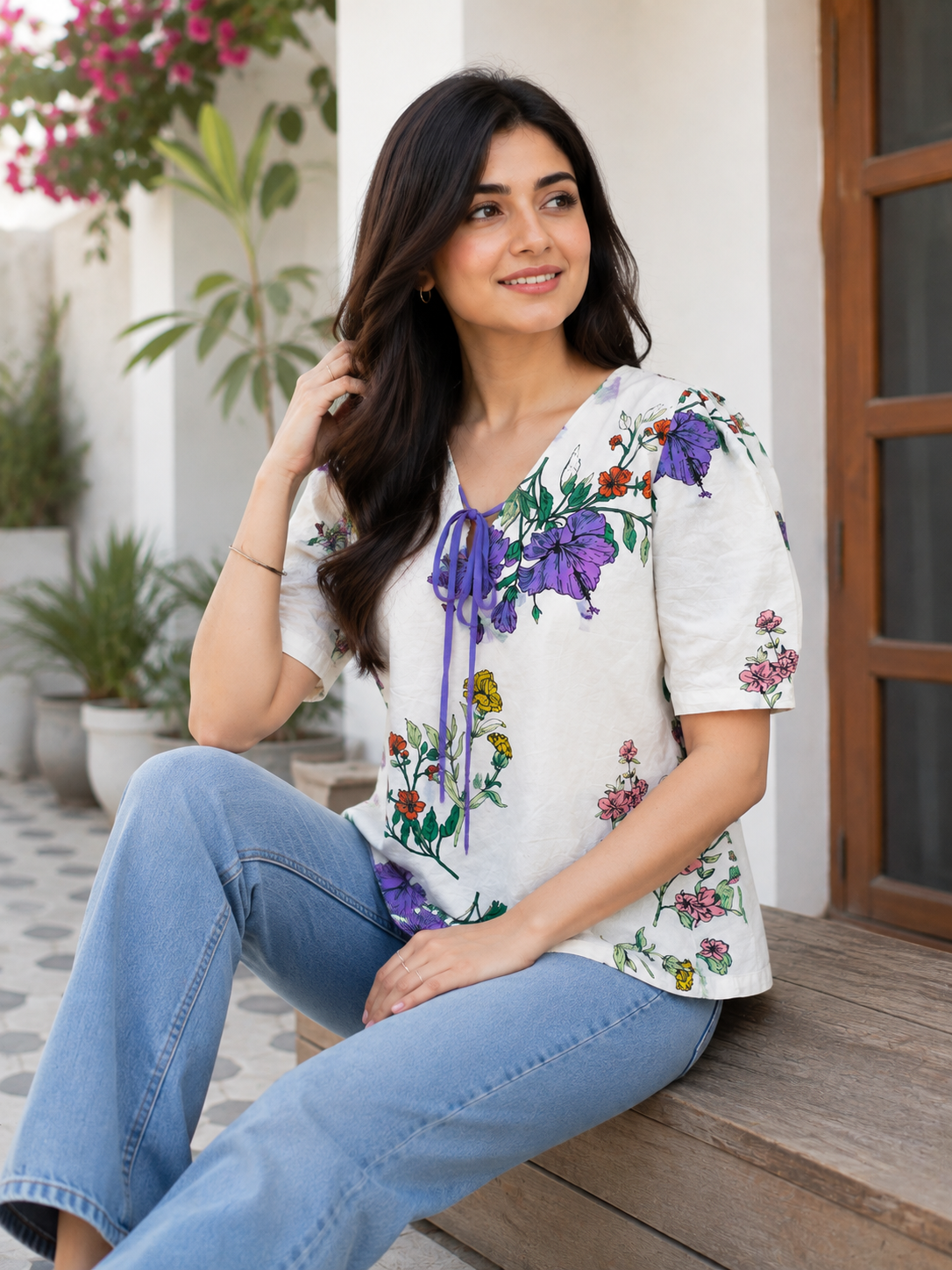 Women's Floral Printed Tie-Up Neck Top with Half Puff Sleeves