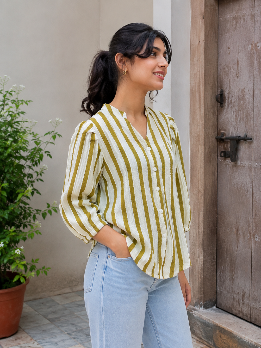 Women’s Full-Sleeve Striped Button-Front Top