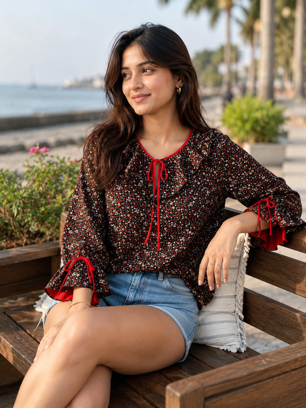 Women's Floral Print Ruffle Tie-Neck Top