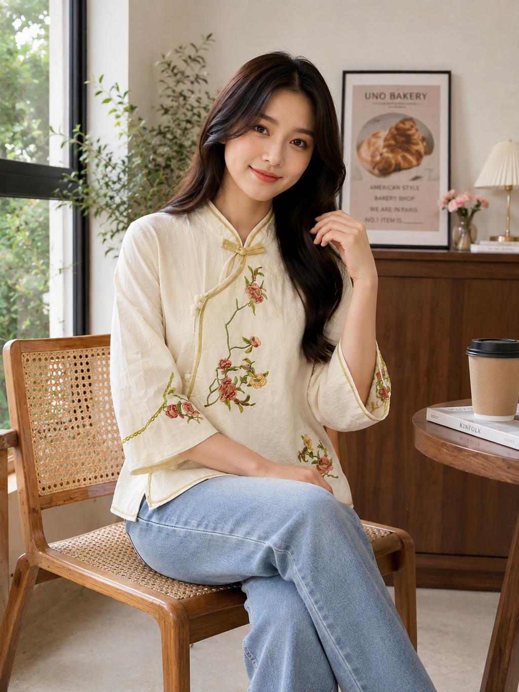 Embroidered Mandarin Collar Top