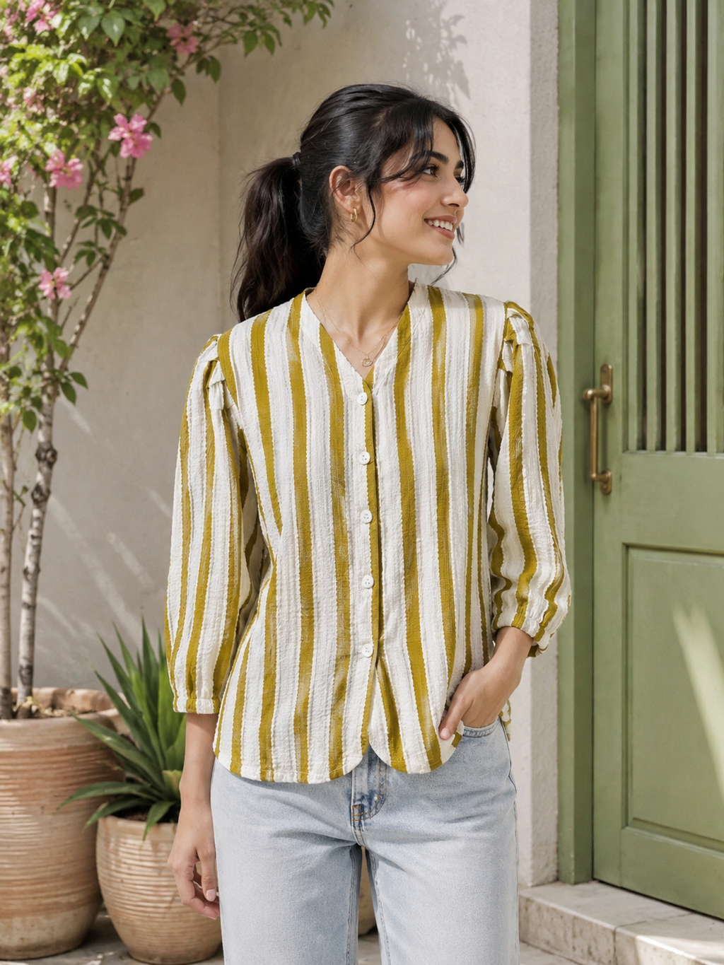 Women’s Full-Sleeve Striped Button-Front Top