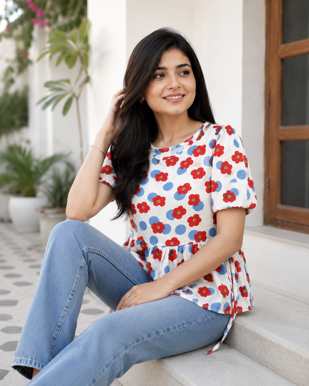Women's Floral Printed Peplum Top with Puff Half Sleeves