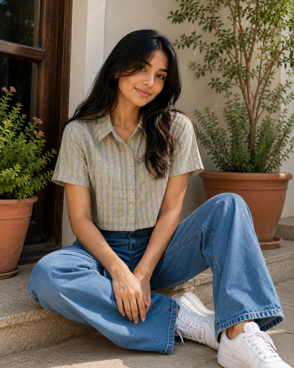 Women's Pastel Checked Crop Shirt