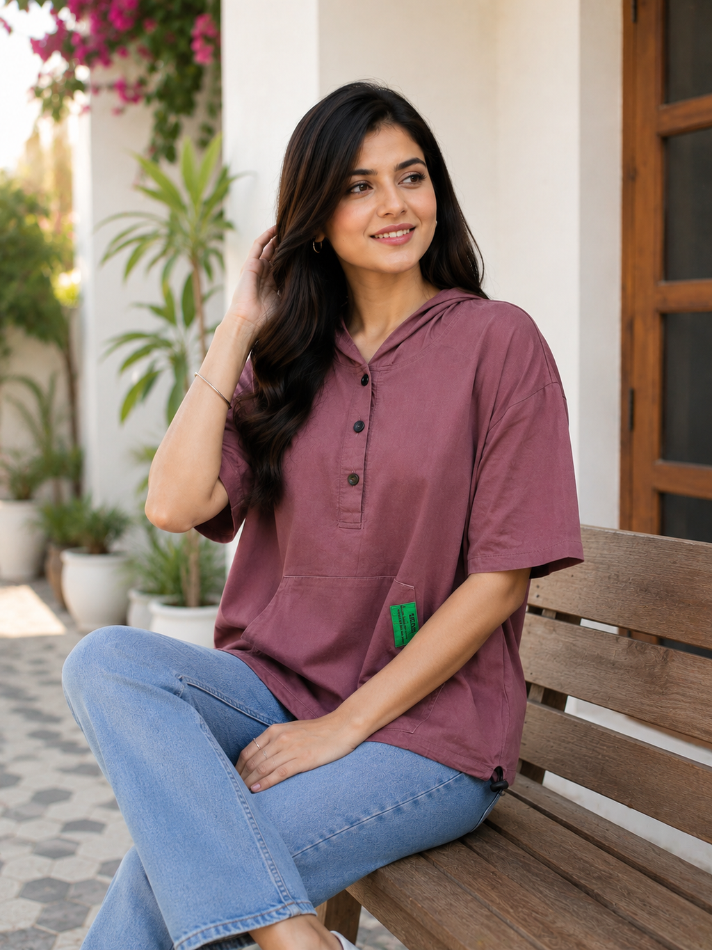 Women's Solid Hooded Oversized Top with Kangaroo Pocket