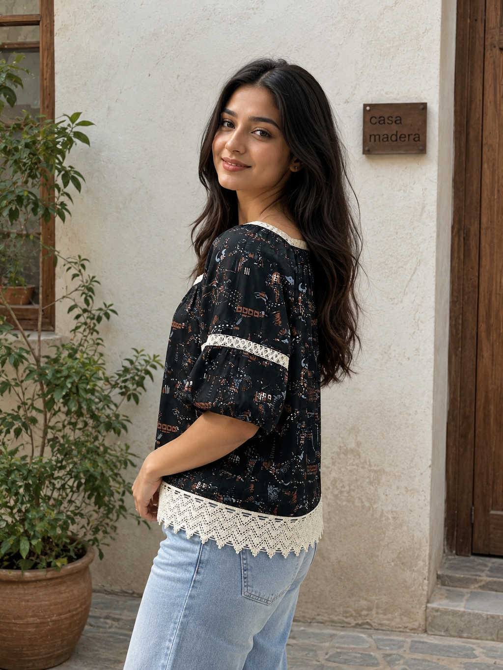 Printed peasant blouse / casual top