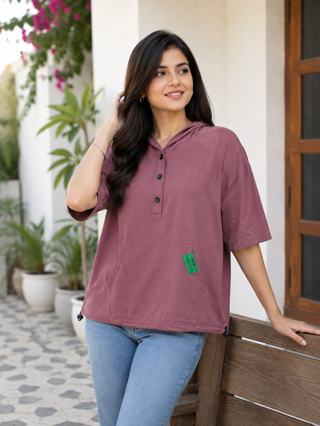 Women's Solid Hooded Oversized Top with Kangaroo Pocket
