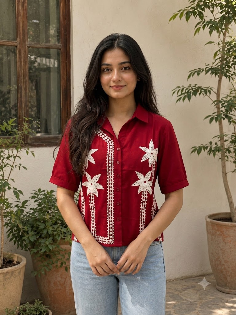 Embroidered shirt-style top