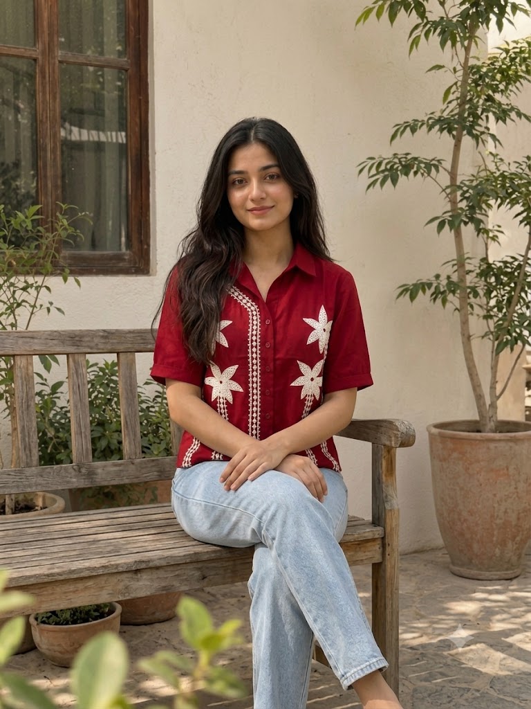 Embroidered shirt-style top