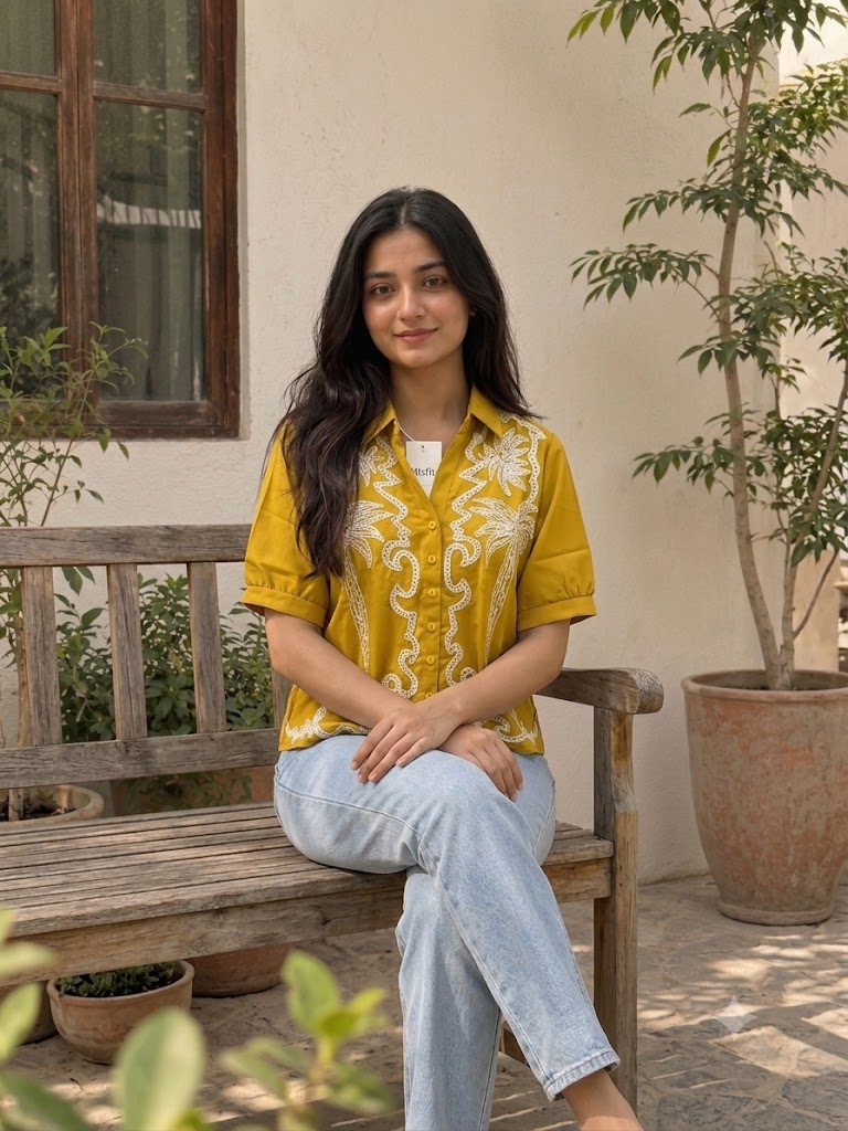 Embroidered shirt-style top